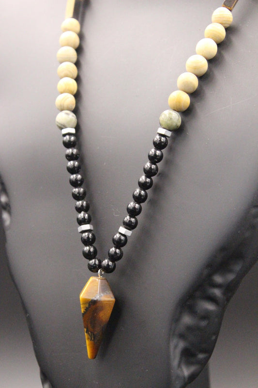 Handmade Tiger's Eye and Petrified Wood Necklace – Natural Stone, Unisex, Modern Design