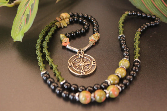 Handmade Unakite Hematite Necklace: Braided Cord Compass Pendant