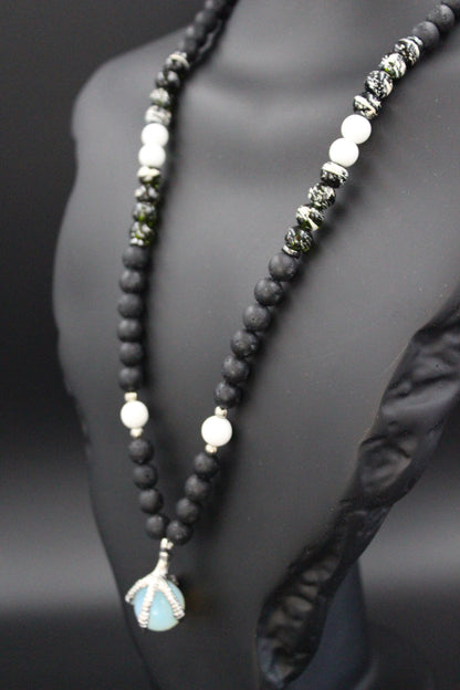 Handmade Volcanic Stone Necklace with 'Bird Claw' Pendant & Opalite – Ethnic Amulet