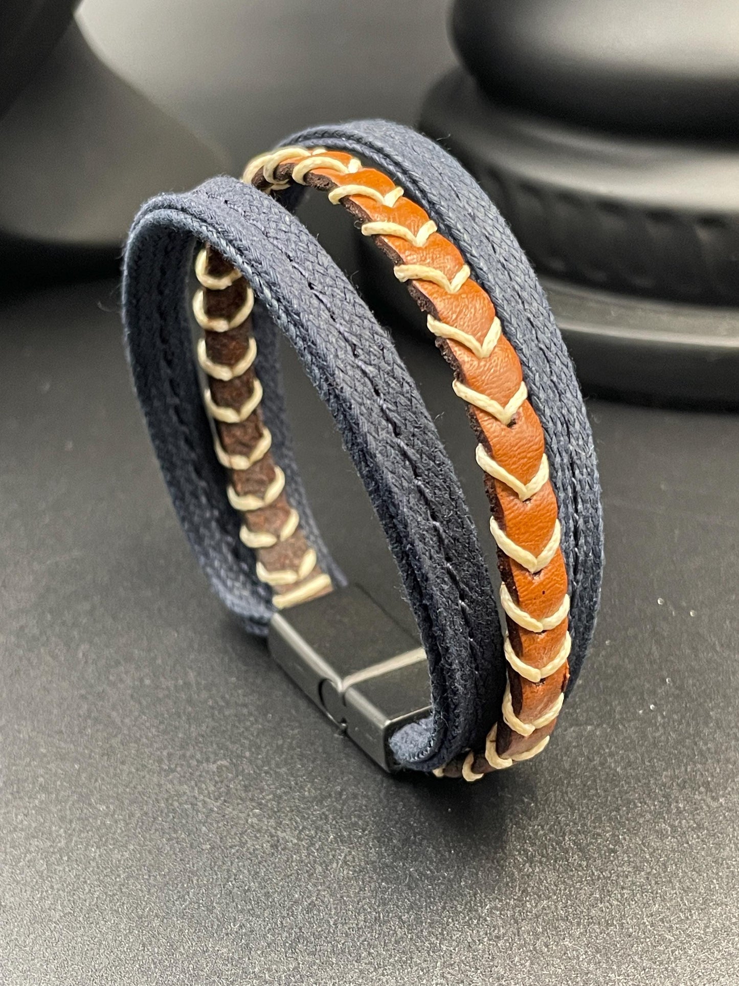 Men’s Canvas & Genuine Leather Bracelet – Modern Handmade Design, Stylish
