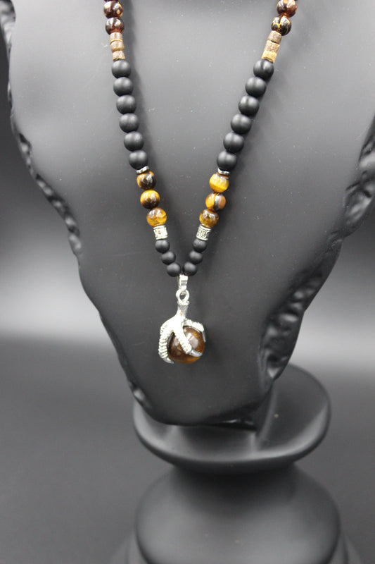 Handmade Necklace with Natural Tiger's Eye, Onyx, and Wooden Beads. Unique Design