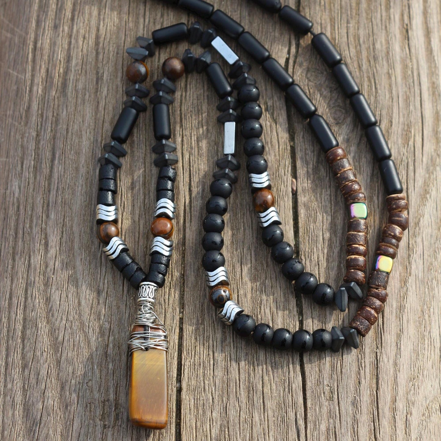 Tiger's Eye, Coconut, Hematite, Black Onyx Necklace - Handmade, Unique Design
