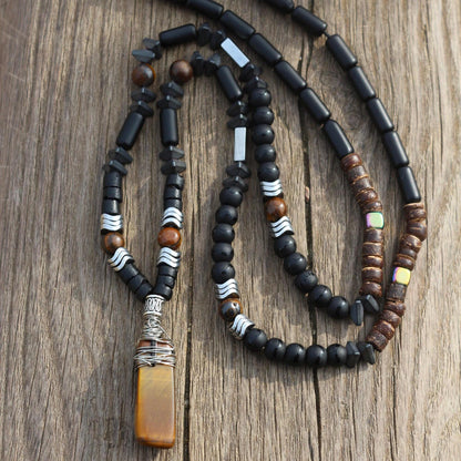 Tiger's Eye, Coconut, Hematite, Black Onyx Necklace - Handmade, Unique Design