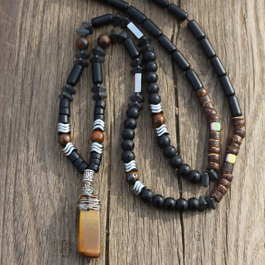 Tiger's Eye, Coconut, Hematite, Black Onyx Necklace - Handmade, Unique Design
