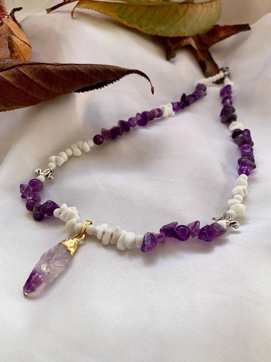 Luxury Women's Necklace | Natural Amethyst & White Agate | Handmade Elegant Jewelry
