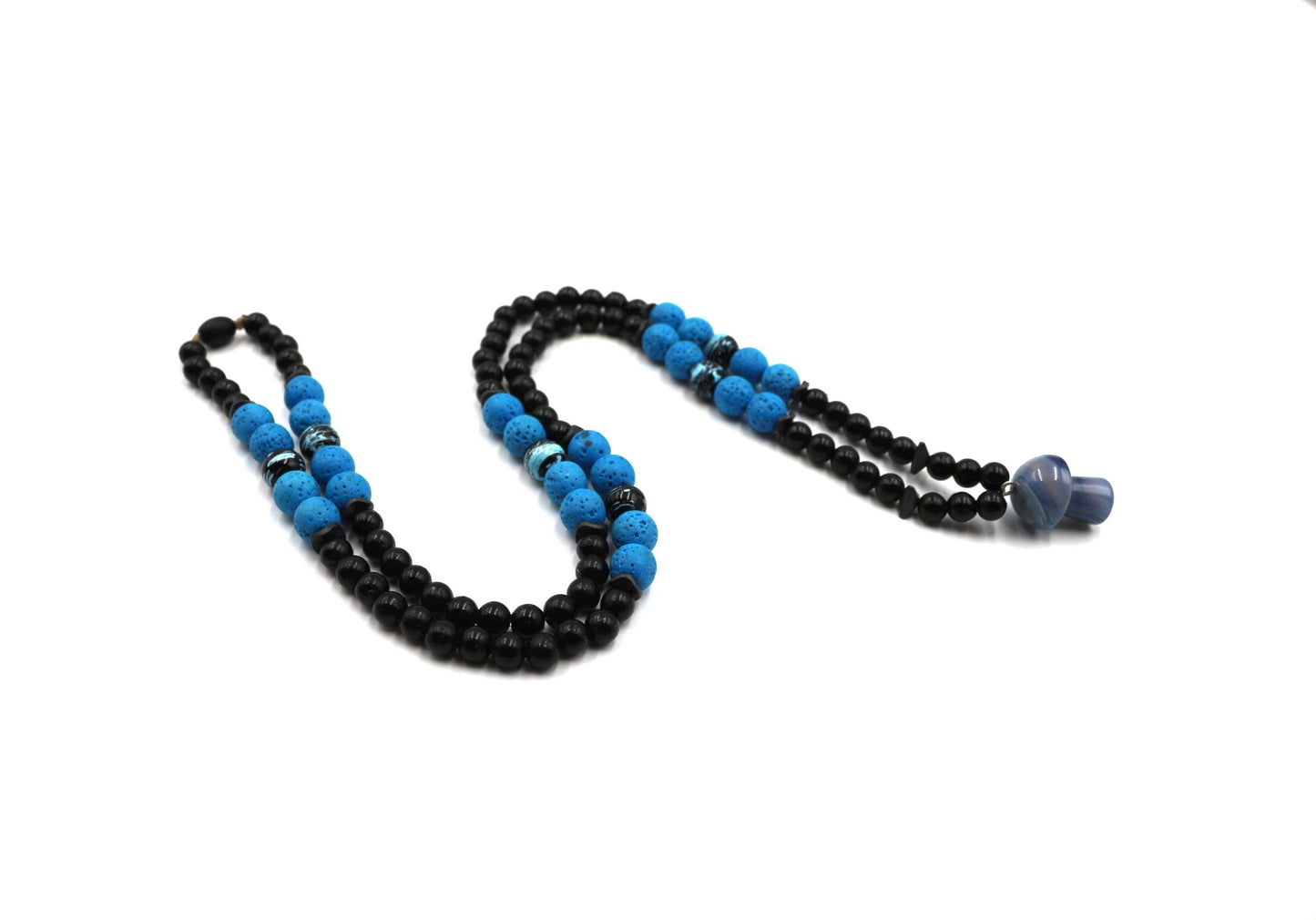 Handmade Blue Agate Mushroom Necklace: Volcanic Stone Beaded Pendant