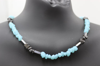 Handmade Aquamarine and Hematite Necklace – Stylish Natural Stone Design, Unisex