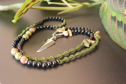 Handmade Necklace - Natural Unakite Stone and Braided Cord