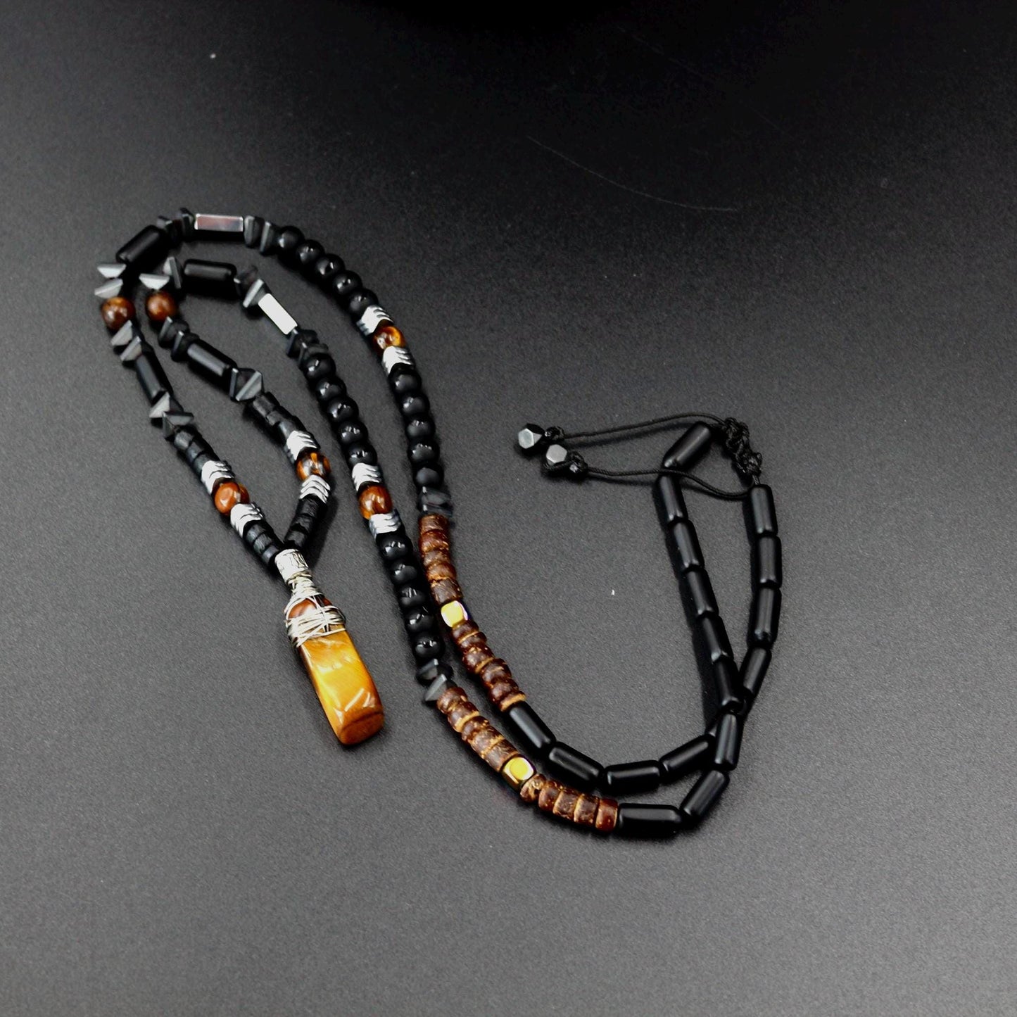 Tiger's Eye, Coconut, Hematite, Black Onyx Necklace - Handmade, Unique Design