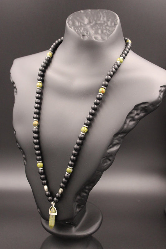 Necklace - Unakite, Black Onyx, and Hematite Handmade Natural Stone – Unique Design Green Gemstone Necklace