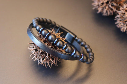 Bracelet - Handmade with Black Onyx, Blue Hematite, and Genuine Leather