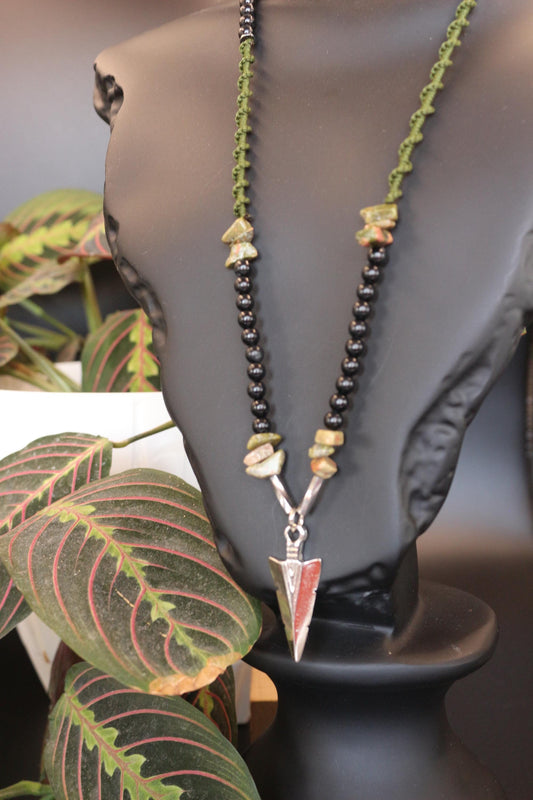 Handmade Necklace - Natural Unakite Stone and Braided Cord