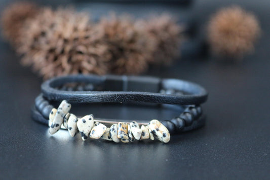 Handmade Bracelet with Dalmatian Jasper, Black Onyx, and Genuine Leather