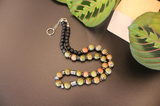 Unakite, Hematite, and Black Onyx Necklace, Unique Handmade Necklace