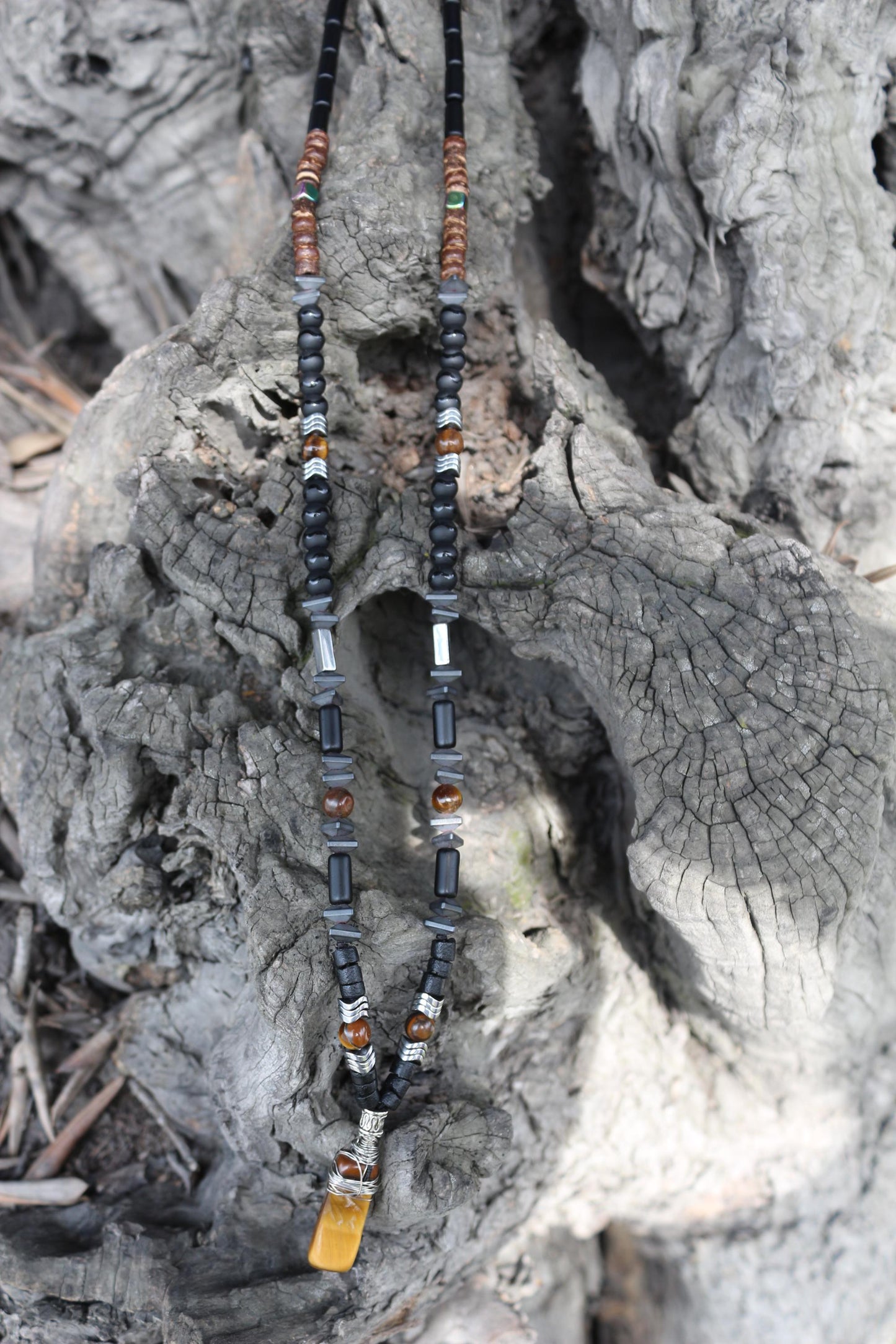 Tiger's Eye, Coconut, Hematite, Black Onyx Necklace - Handmade, Unique Design