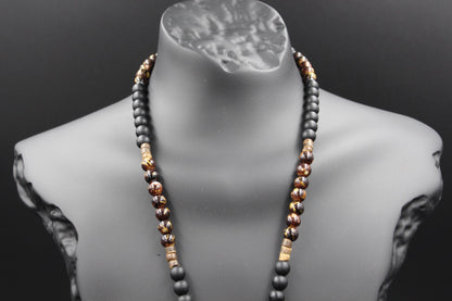 Handmade Necklace with Natural Tiger's Eye, Onyx, and Wooden Beads. Unique Design