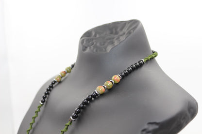 Handmade Unakite Hematite Necklace: Braided Cord Compass Pendant