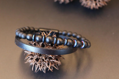 Bracelet - Handmade with Black Onyx, Blue Hematite, and Genuine Leather