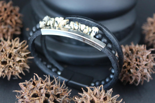 Handmade Bracelet with Dalmatian Jasper, Black Onyx, and Genuine Leather