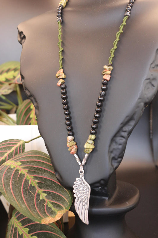Unakite and Braided Cord Necklace - Handmade, Unique Design