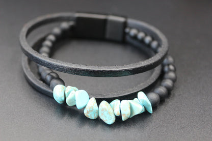 Handmade Turquoise, Onyx, and Genuine Leather Bracelet