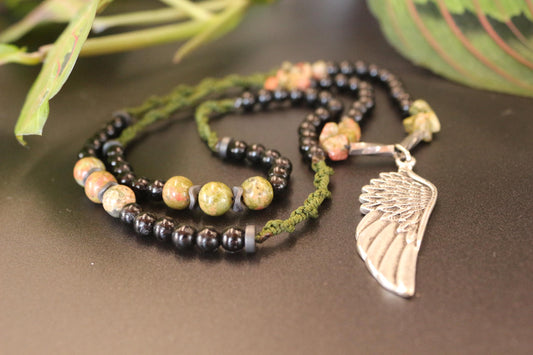 Unakite and Braided Cord Necklace - Handmade, Unique Design