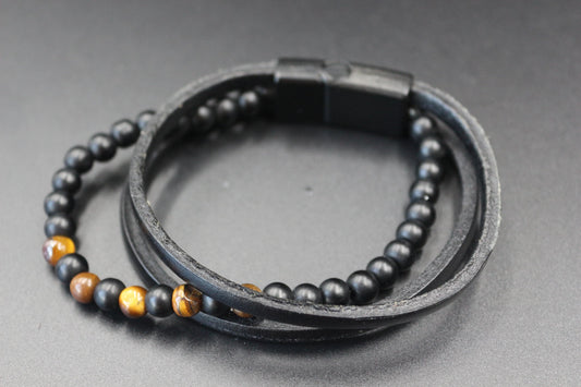 Bracelet - Handmade with Tiger's Eye, Onyx, and Genuine Leather