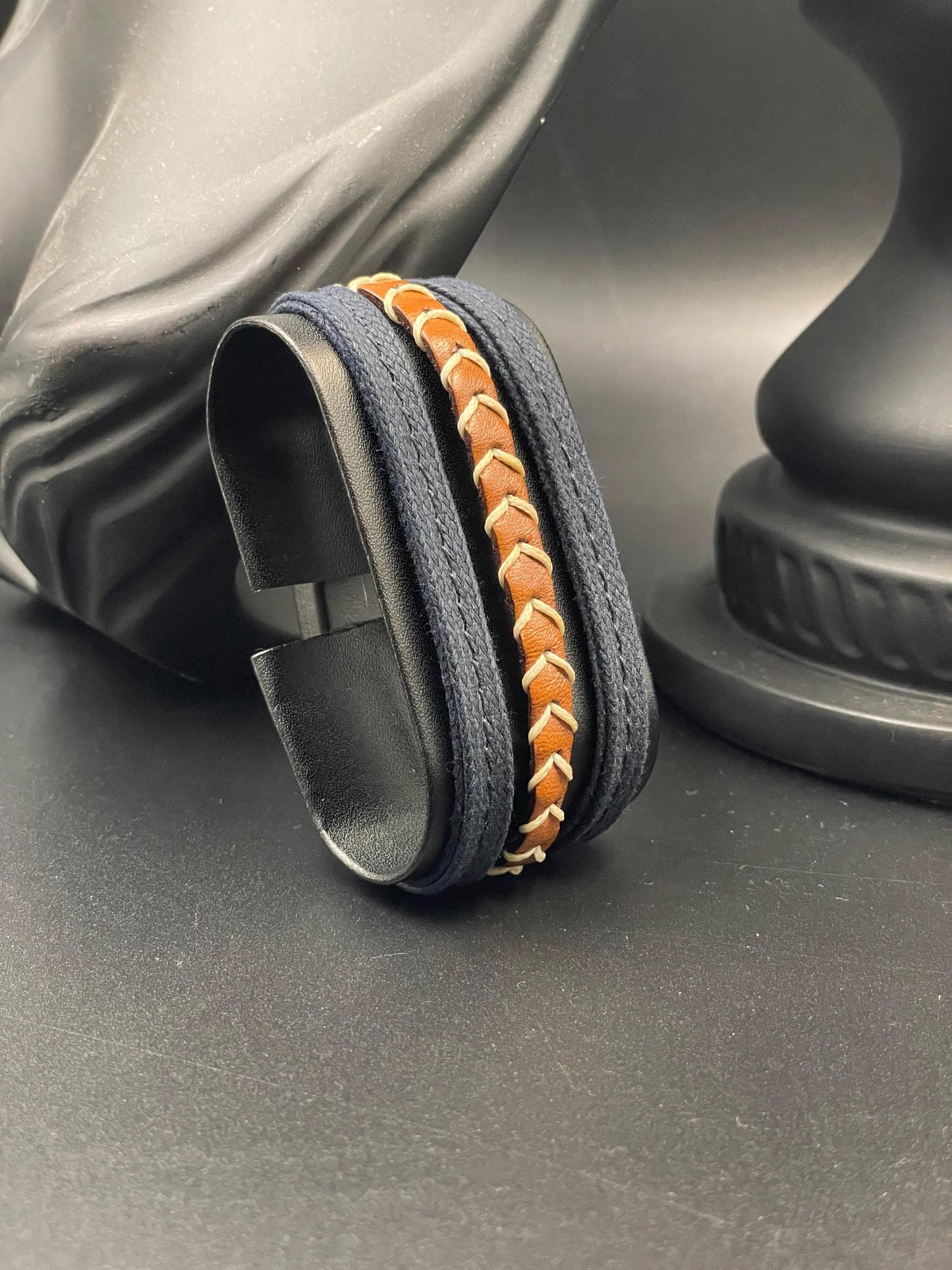 Men’s Canvas & Genuine Leather Bracelet – Modern Handmade Design, Stylish
