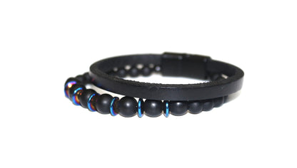 Bracelet - Handmade with Black Onyx, Blue Hematite, and Genuine Leather