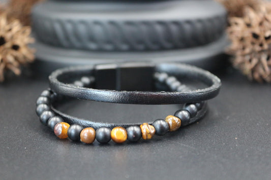 Bracelet - Handmade with Tiger's Eye, Onyx, and Genuine Leather