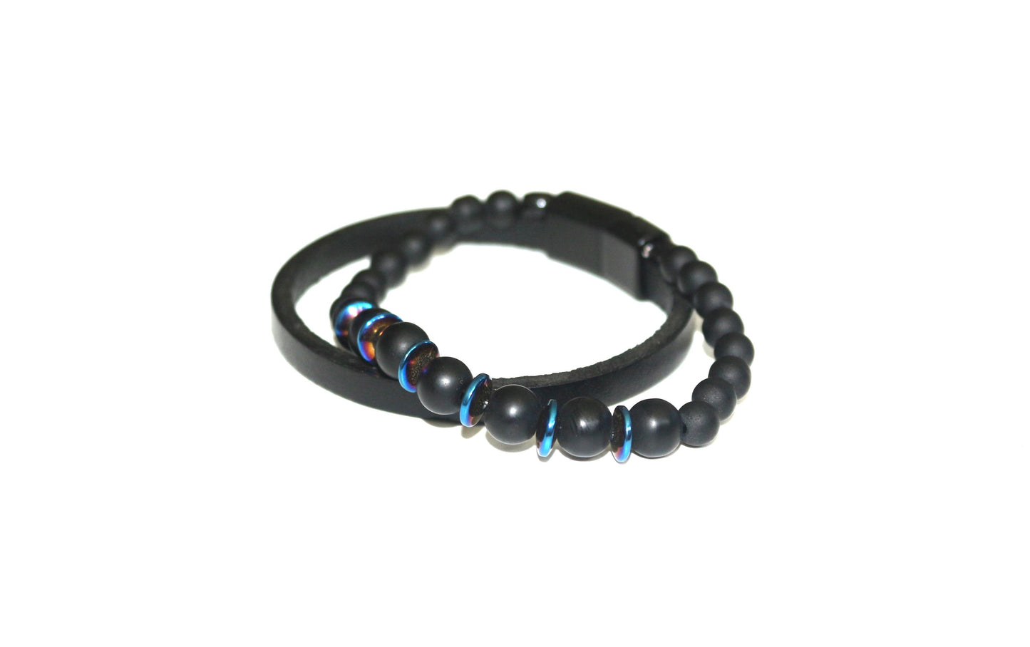 Bracelet - Handmade with Black Onyx, Blue Hematite, and Genuine Leather