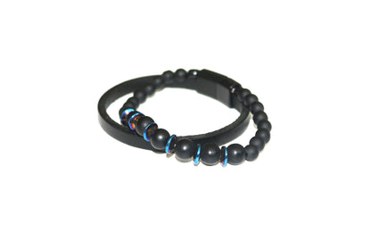 Bracelet - Handmade with Black Onyx, Blue Hematite, and Genuine Leather