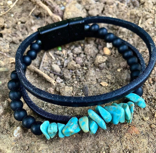 Handmade Turquoise, Onyx, and Genuine Leather Bracelet