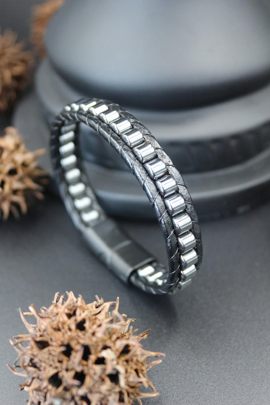 Hematite and Genuine Leather - "Strength and Style" Bracelet