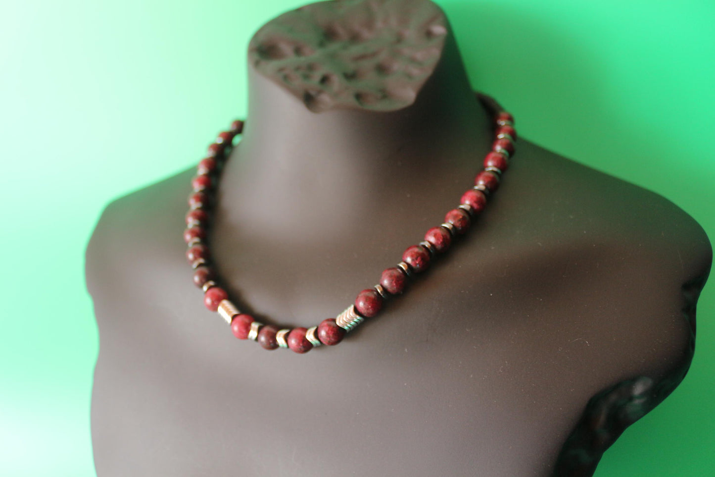 Red Jasper, Hematite, and Black Onyx Necklace, Unique Handmade Necklace