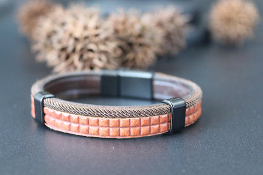 Water Buffalo Genuine Leather Bracelet, Beads, Wood and Coconut Shell
