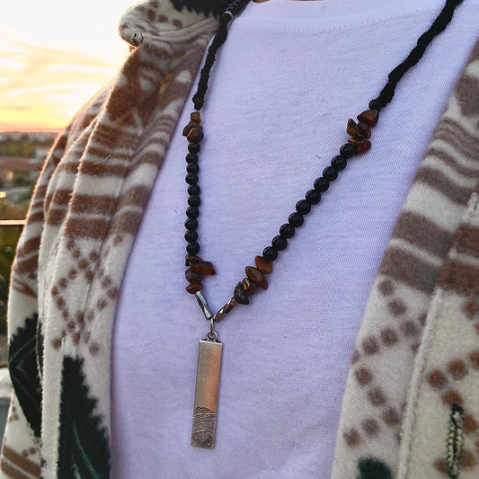 Handmade Tiger Eye Stone Necklace: Steel Fingerprint Pendant