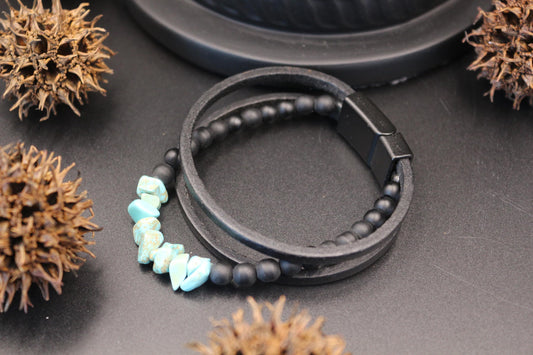 Handmade Turquoise, Onyx, and Genuine Leather Bracelet