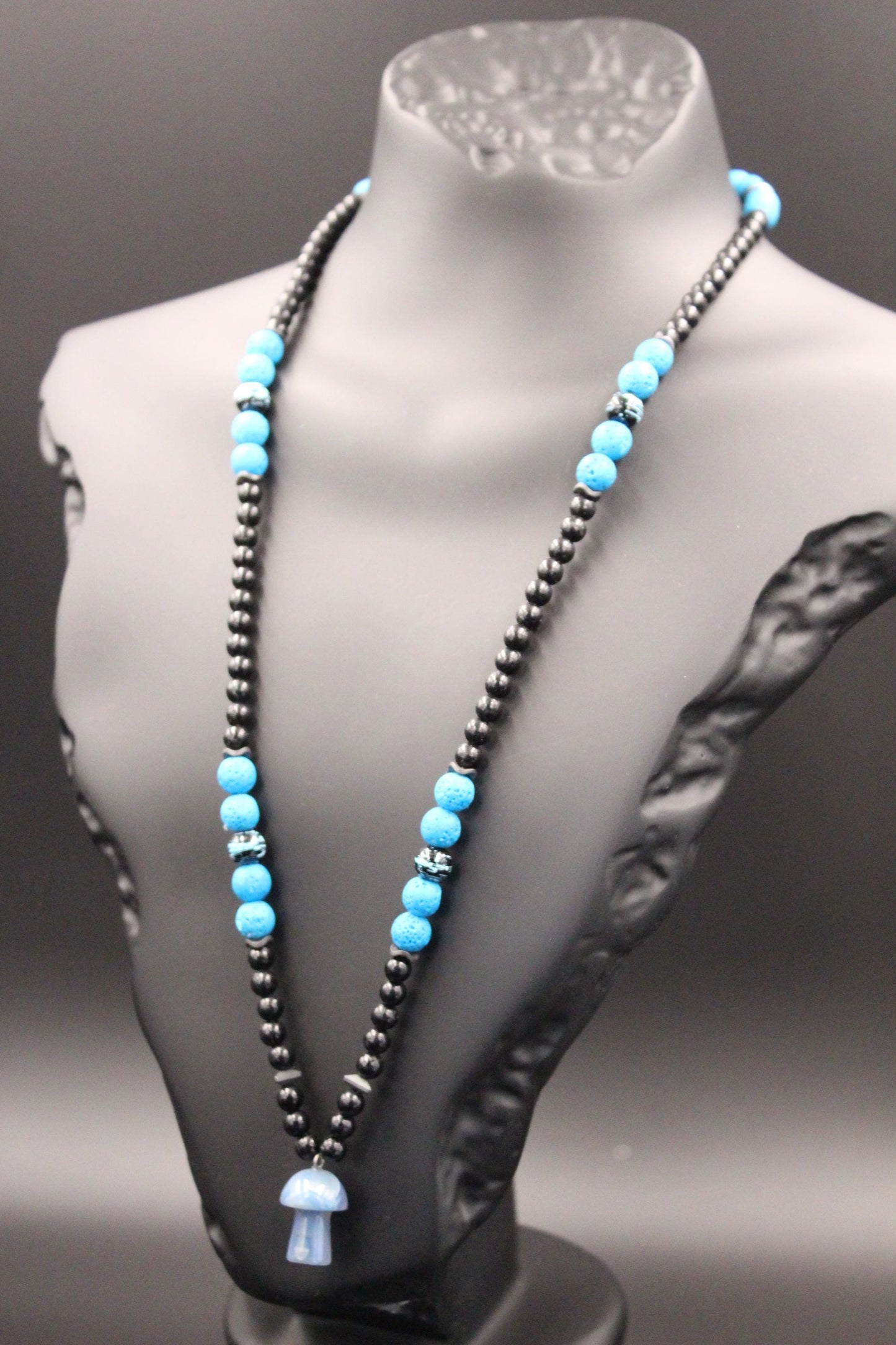 Handmade Blue Agate Mushroom Necklace: Volcanic Stone Beaded Pendant