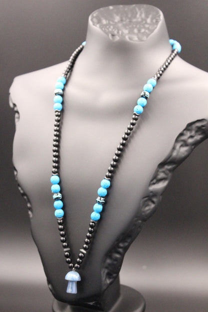Handmade Blue Agate Mushroom Necklace: Volcanic Stone Beaded Pendant