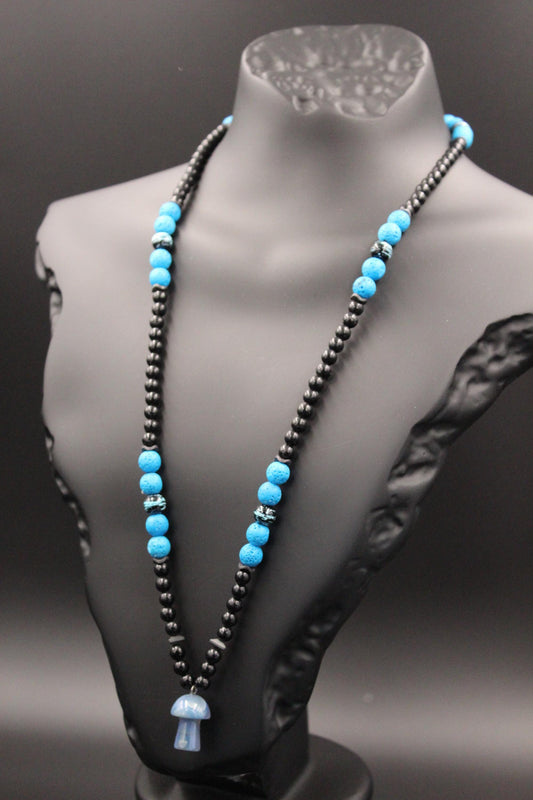 Handmade Blue Agate Mushroom Necklace: Volcanic Stone Beaded Pendant